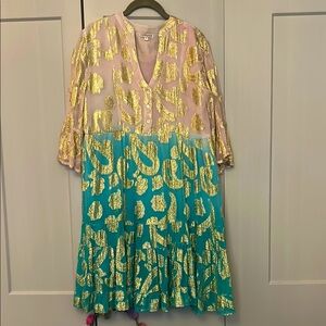 Debbie Katz South Beach 3/4 Sleeve Dress in Pink and Teal with Gold Patterns